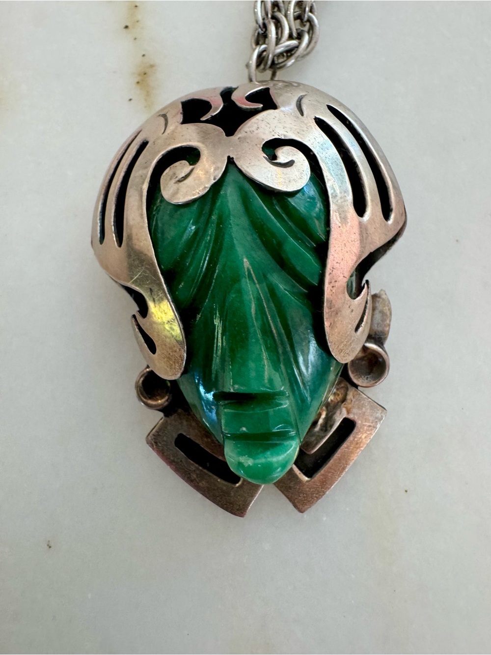 Vintage Green Carved Stone Face Pendant - Women Jewelry